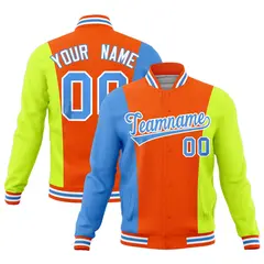 Orange Powder Blue Fluorescent Green Three-Color Block Varsity Letterman Jacket