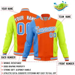 Orange Powder Blue Fluorescent Green Three-Color Block Varsity Letterman Jacket 2
