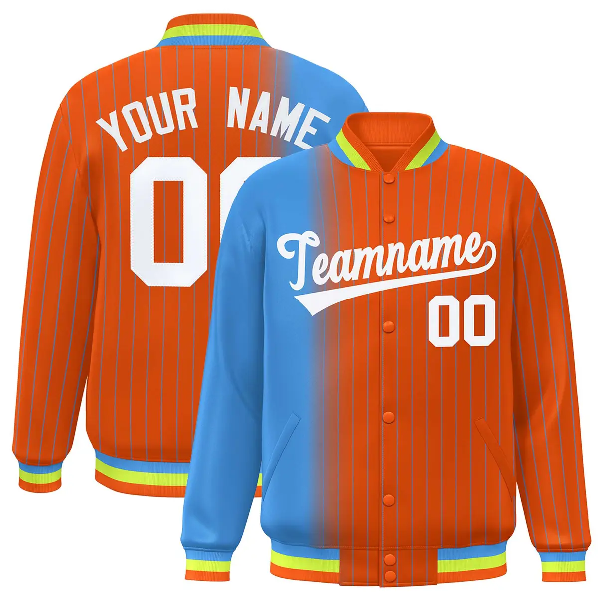 Orange Powder Blue Gradient Pinstripe Varsity Full-Snap Baseball Jacket