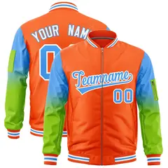 Orange Powder Blue-Neon Green Full-Zip Letterman Bomber Jacket