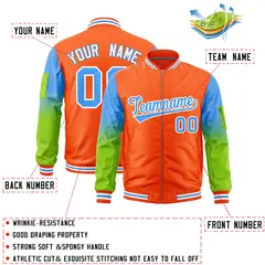 Orange Powder Blue-Neon Green Full-Zip Letterman Bomber Jacket 2