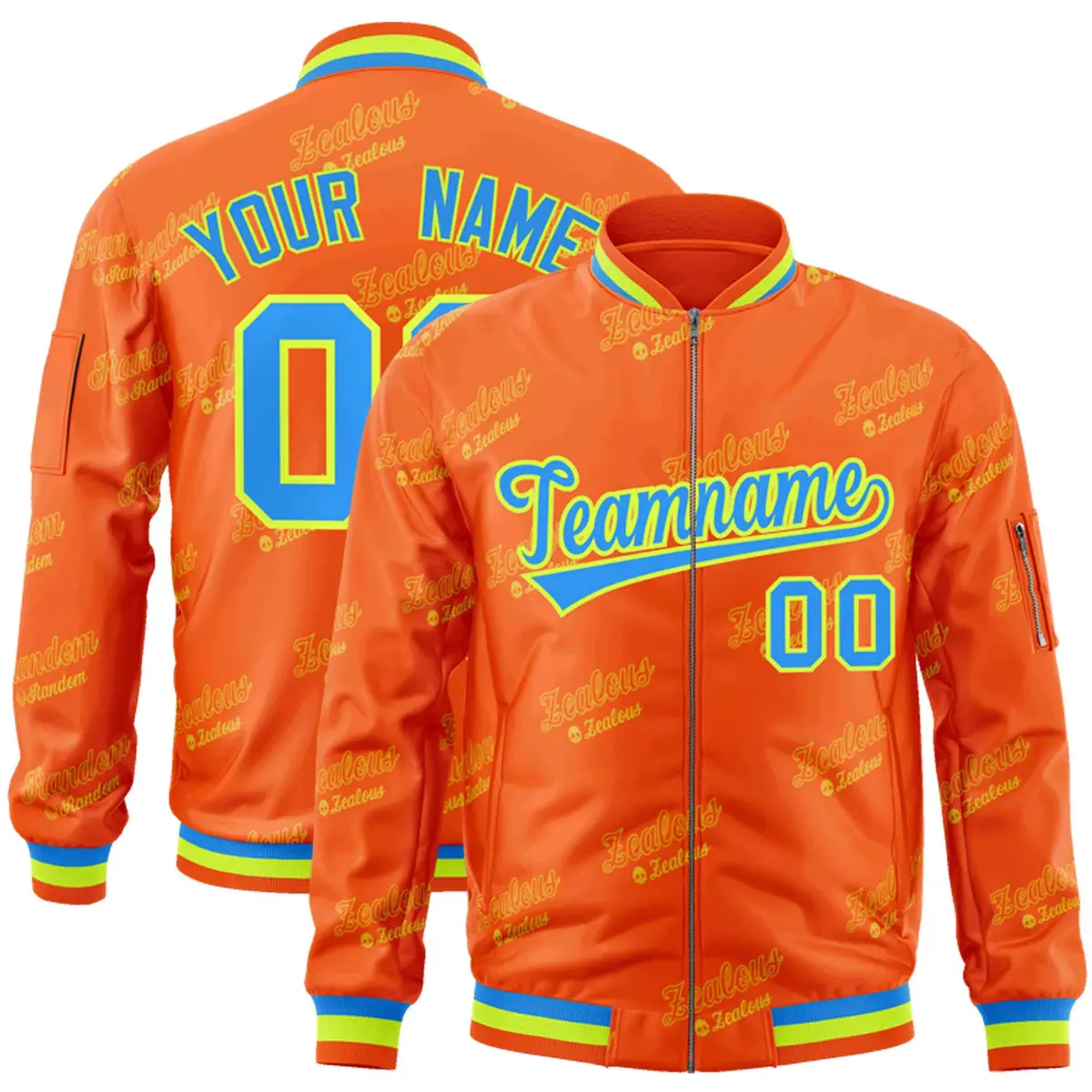 Orange Powder Blue-Neon Green Letter Full-Zip Varsity Bomber Jacket