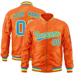 Orange Powder Blue-Neon Green Letter Full-Zip Varsity Bomber Jacket 1