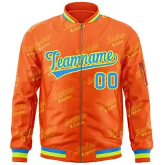 Orange Powder Blue-Neon Green Letter Full-Zip Varsity Bomber Jacket 3