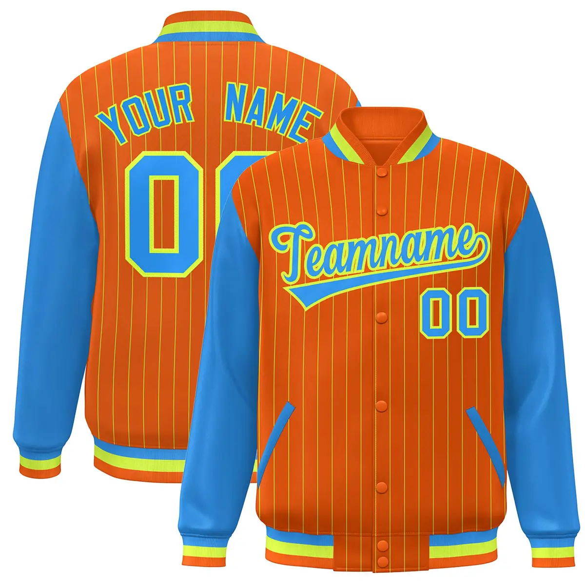 Orange Powder Blue-Neon Green Stripe Varsity Bomber Jacket with Raglan Sleeves