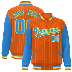 Orange Powder Blue-Neon Green Stripe Varsity Bomber Jacket with Raglan Sleeves