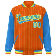 Orange Powder Blue-Neon Green Stripe Varsity Bomber Jacket with Raglan Sleeves 3