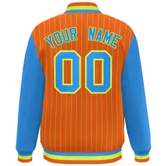 Orange Powder Blue-Neon Green Stripe Varsity Bomber Jacket with Raglan Sleeves 4