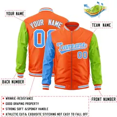 Orange Powder Blue Neon Green Varsity Letterman Bomber Jacket Full-Zip Raglan Sleeves 2