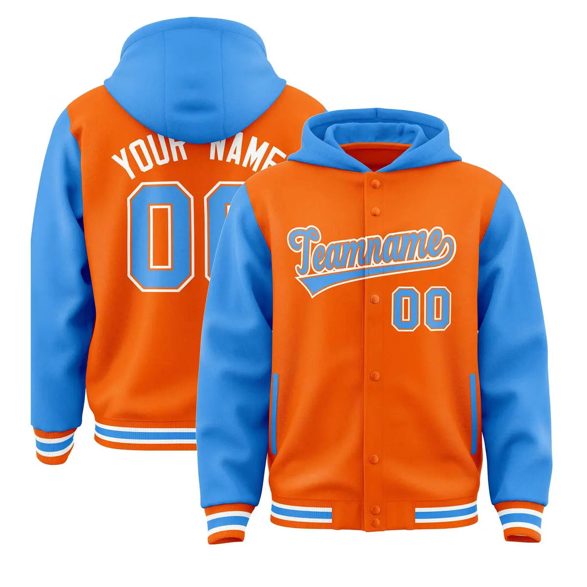Orange Powder Blue Raglan Varsity Full-Snap Letterman Jacket Hoodie