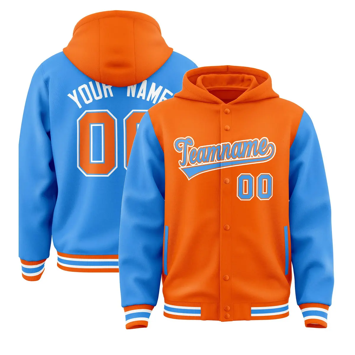 Orange Powder Blue Raglan Varsity Full-Snap Letterman Jacket Hoodie