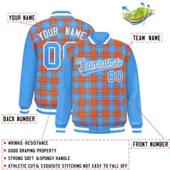 Orange Powder Blue-White Plaid Varsity Letterman Baseball Jacket 2