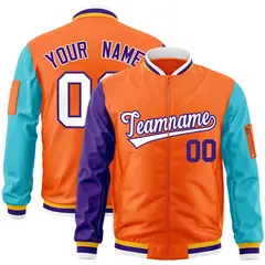 Orange Purple-Aqua Raglan Sleeves Letterman Bomber Jacket 1