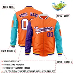 Orange Purple-Aqua Raglan Sleeves Letterman Bomber Jacket 2