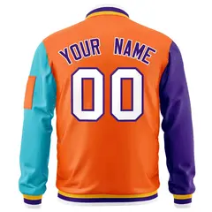 Orange Purple-Aqua Raglan Sleeves Letterman Bomber Jacket 4