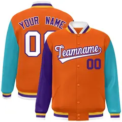 Orange Purple-Aqua Varsity Full-Snap Raglan Letterman Baseball Jacket