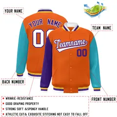 Orange Purple-Aqua Varsity Full-Snap Raglan Letterman Baseball Jacket 2