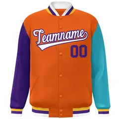 Orange Purple-Aqua Varsity Full-Snap Raglan Letterman Baseball Jacket 3