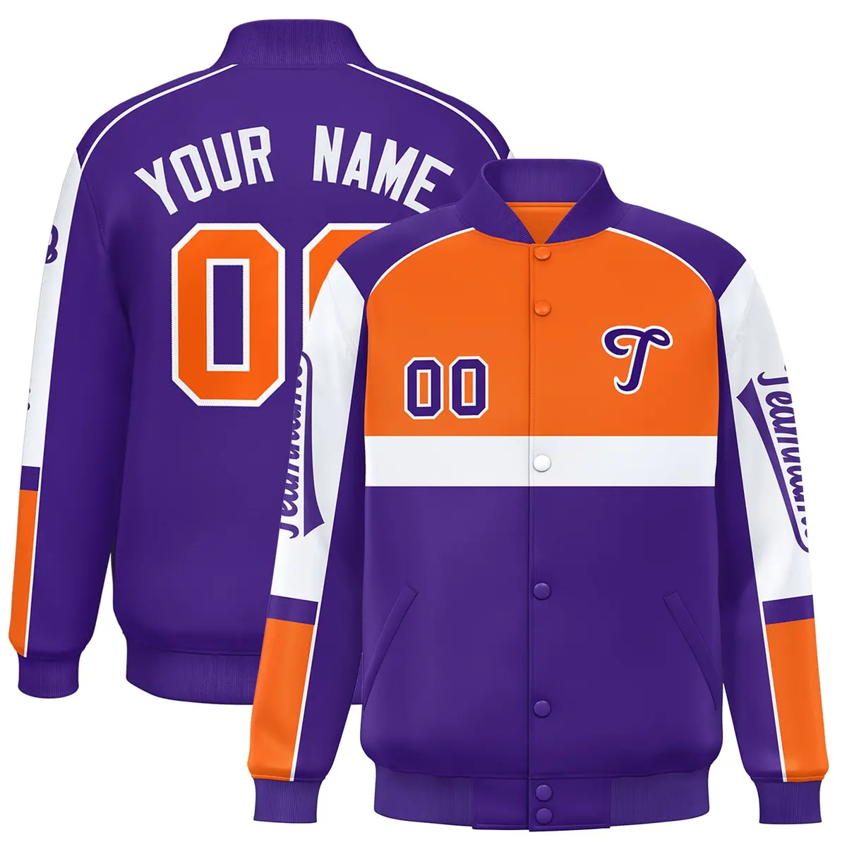 Orange Purple Full-Snap Raglan Varsity Letterman Jacket