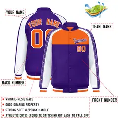 Orange Purple K-Ribbon Raglan Color Block Full-Snap Letterman Jacket 2