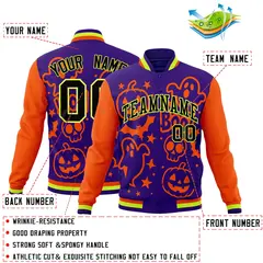 Orange Purple Neon Green Halloween Bats Pumpkins Ghost Letterman Jacket 2