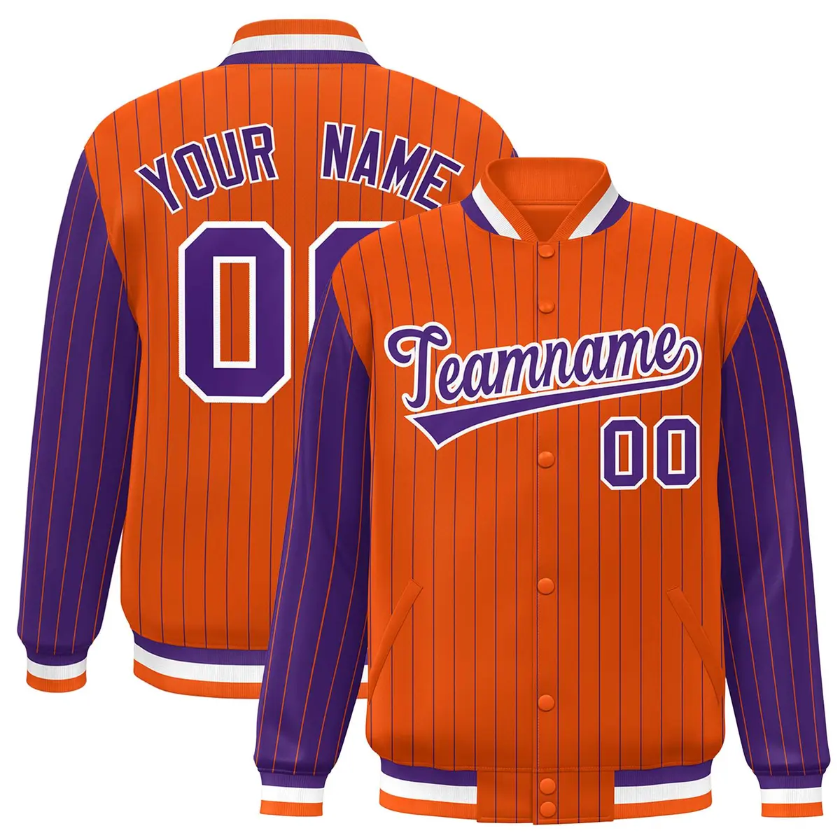 Orange Purple Pinstripe Raglan Varsity Letterman Baseball Jacket
