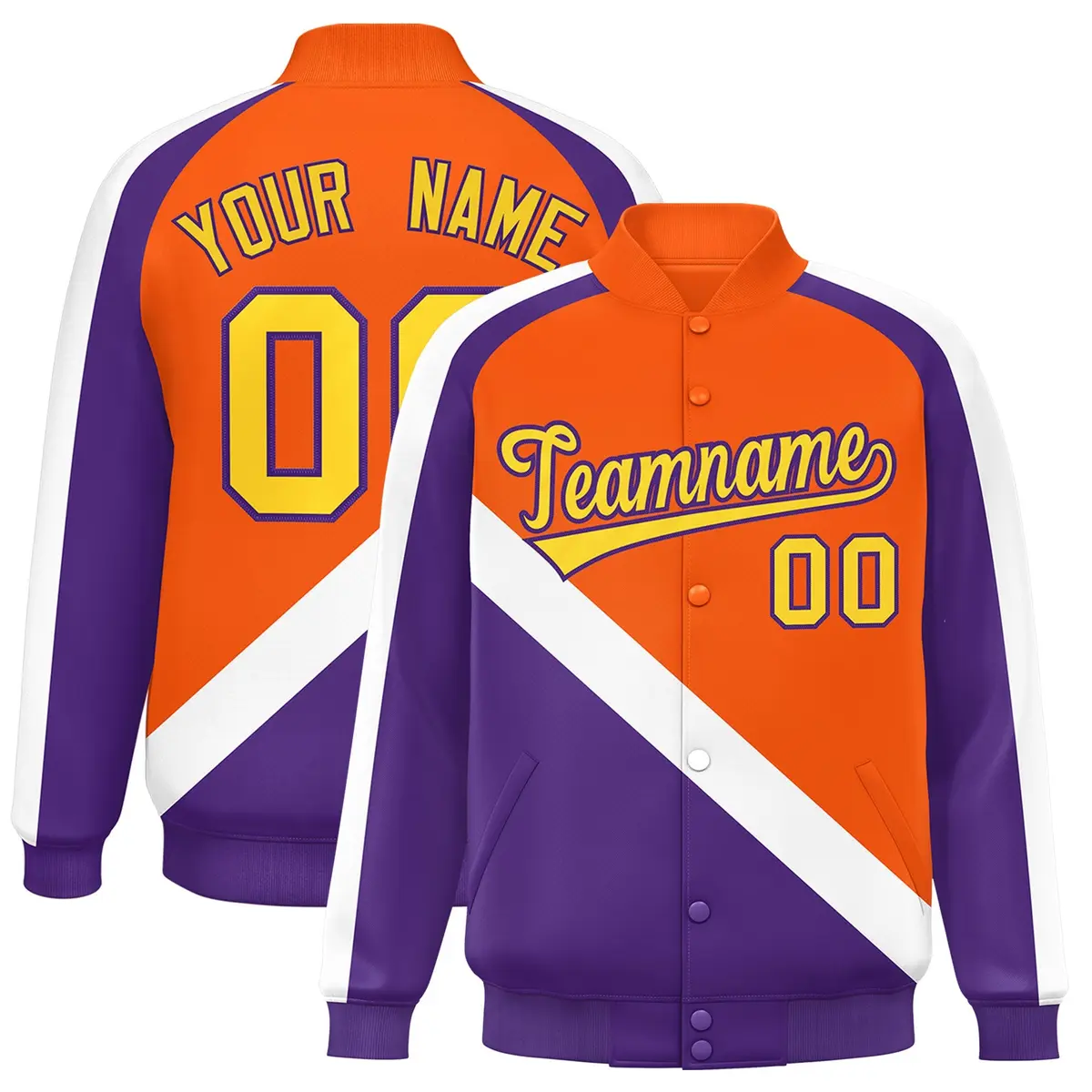 Orange Purple Raglan Sleeves Varsity Full-Snap Letterman Jacket