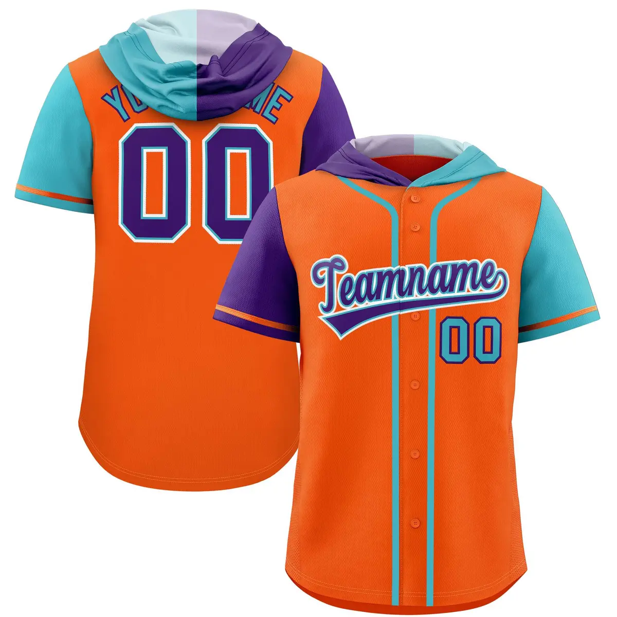 Orange Purple Sky Blue Split Raglan Baseball Hoodie Jersey