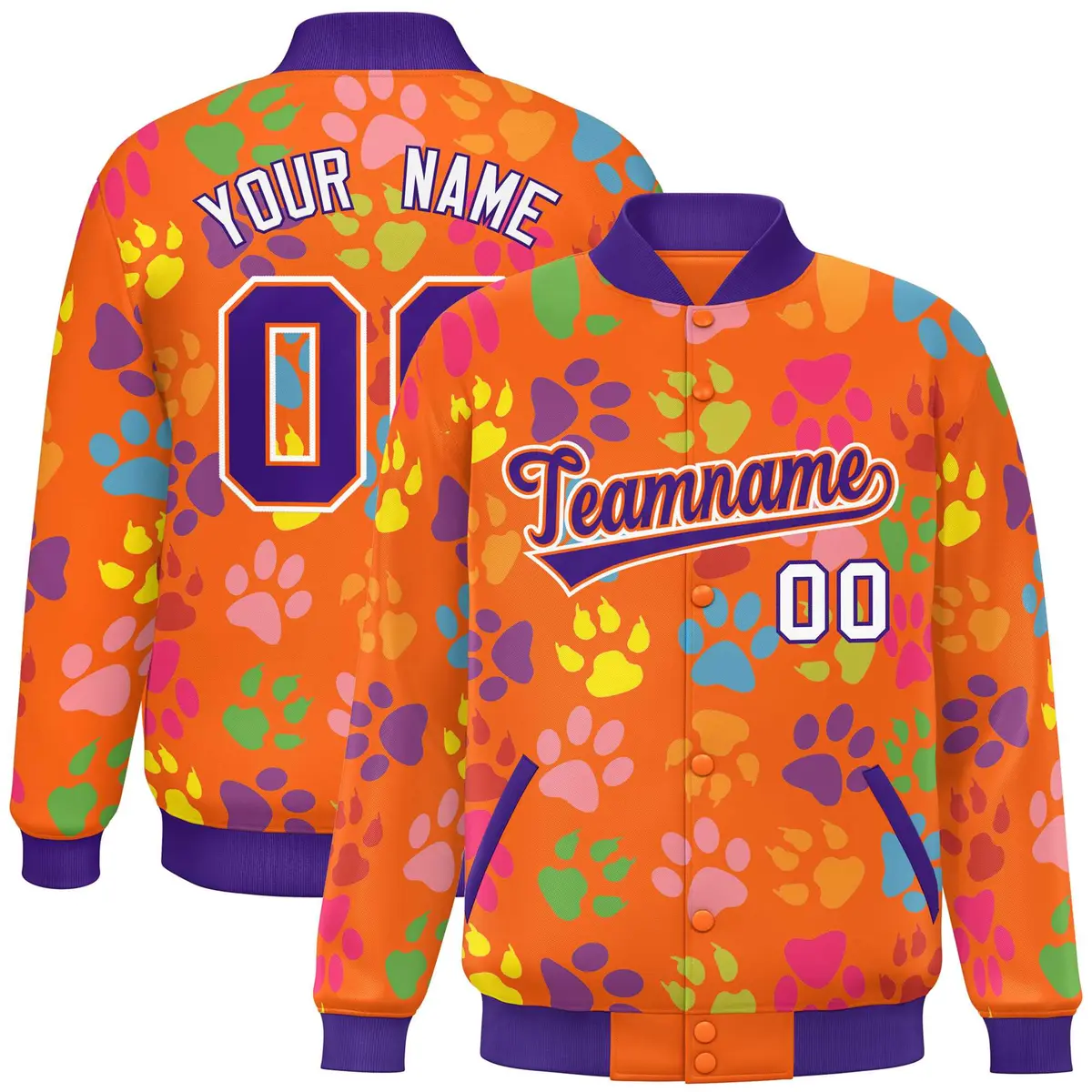 Orange Purple-White Paw Prints Graffiti Varsity Letterman Baseball Jacket