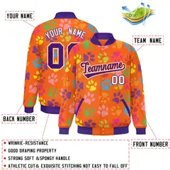 Orange Purple-White Paw Prints Graffiti Varsity Letterman Baseball Jacket 2