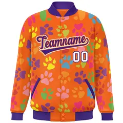 Orange Purple-White Paw Prints Graffiti Varsity Letterman Baseball Jacket 3
