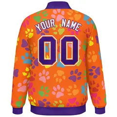 Orange Purple-White Paw Prints Graffiti Varsity Letterman Baseball Jacket 4