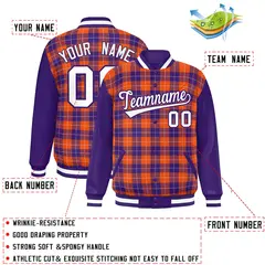 Orange Purple-White Plaid Varsity Letterman Baseball Jacket 2