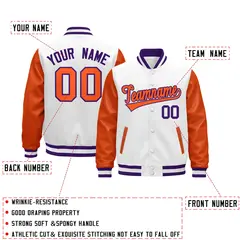 Orange Purple White Raglan Varsity Full-Snap Leather Sleeves Letterman Jacket 2