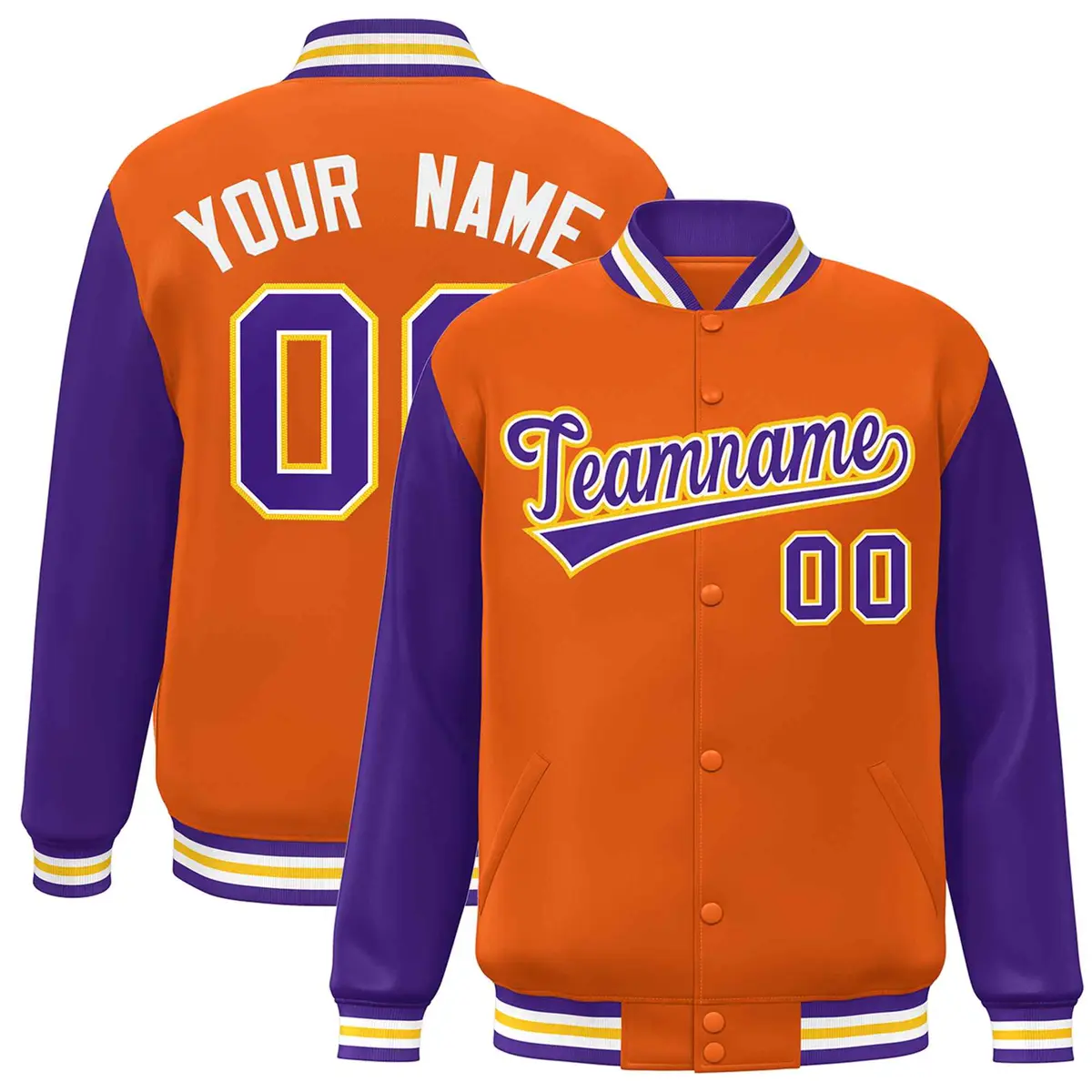 Orange Purple-White Raglan Varsity Full-Snap Letterman Jacket