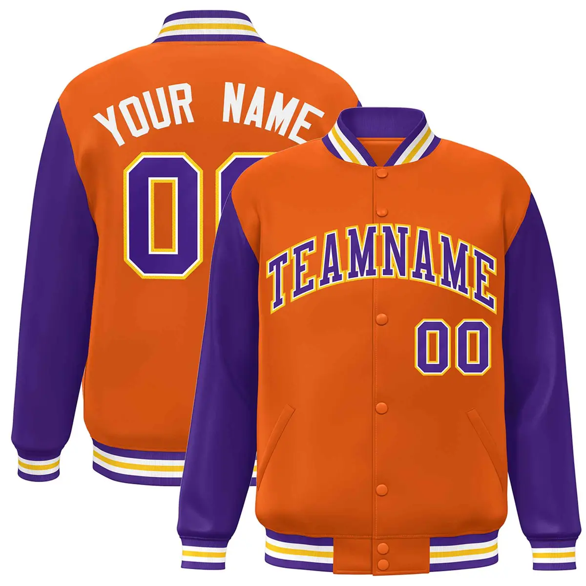 Orange Purple-White Raglan Varsity Full-Snap Letterman Jacket