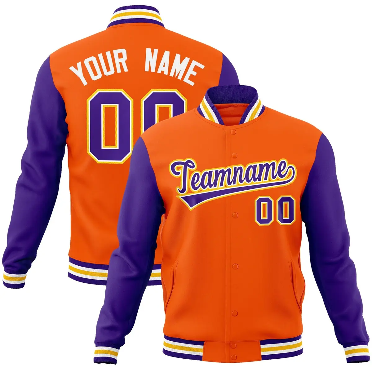 Orange Purple-White Raglan Varsity Full-Snap Letterman Jacket