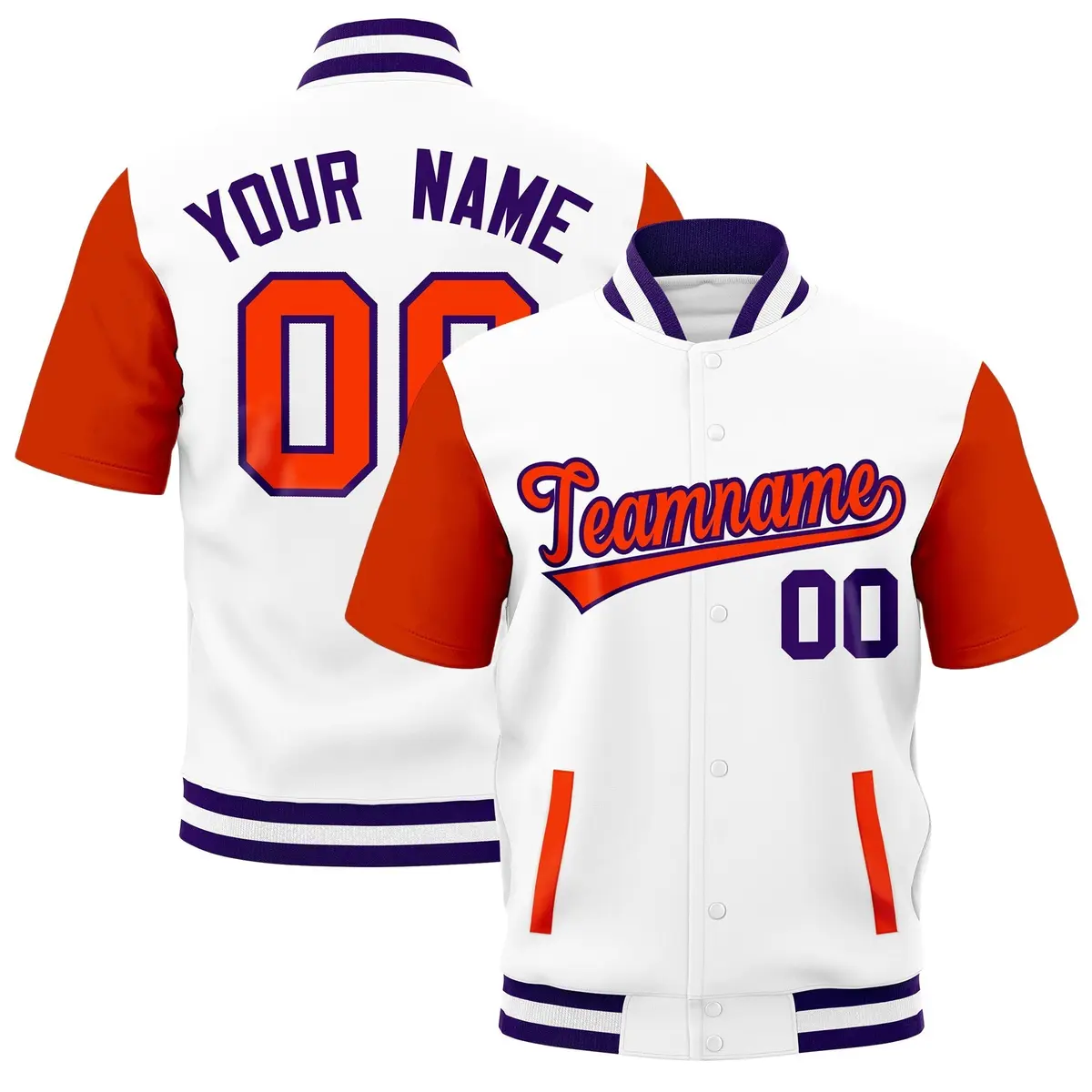 Orange Purple White Short Sleeve Full-Snap Varsity Jacket