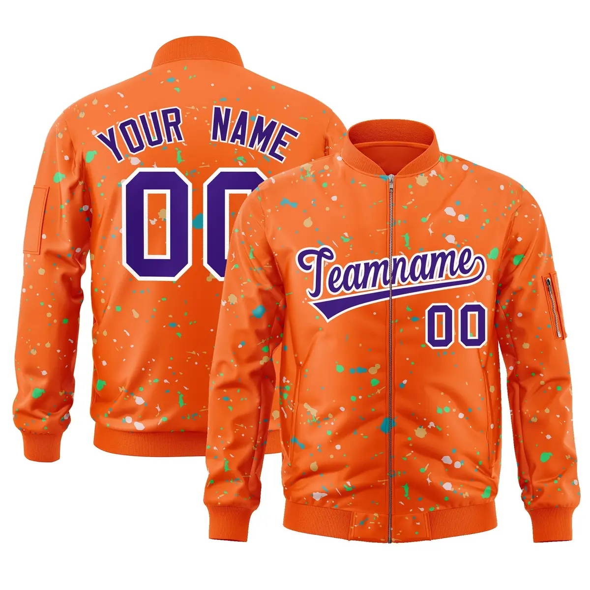 Orange Purple-White Splash Graffiti Varsity Full-Zip Letterman Jacket