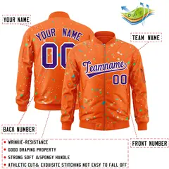 Orange Purple-White Splash Graffiti Varsity Full-Zip Letterman Jacket 2