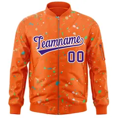 Orange Purple-White Splash Graffiti Varsity Full-Zip Letterman Jacket 3