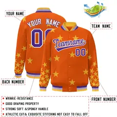 Orange Purple-White Star Graffiti Varsity Full-Snap Bomber Jacket 2