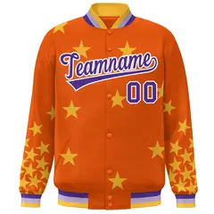 Orange Purple-White Star Graffiti Varsity Full-Snap Bomber Jacket 3