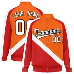 Orange Red Raglan Full-Snap Letterman Baseball Jacket 1
