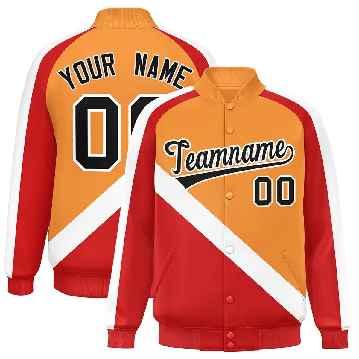 Orange Red Raglan Full-Snap Letterman Baseball Jacket