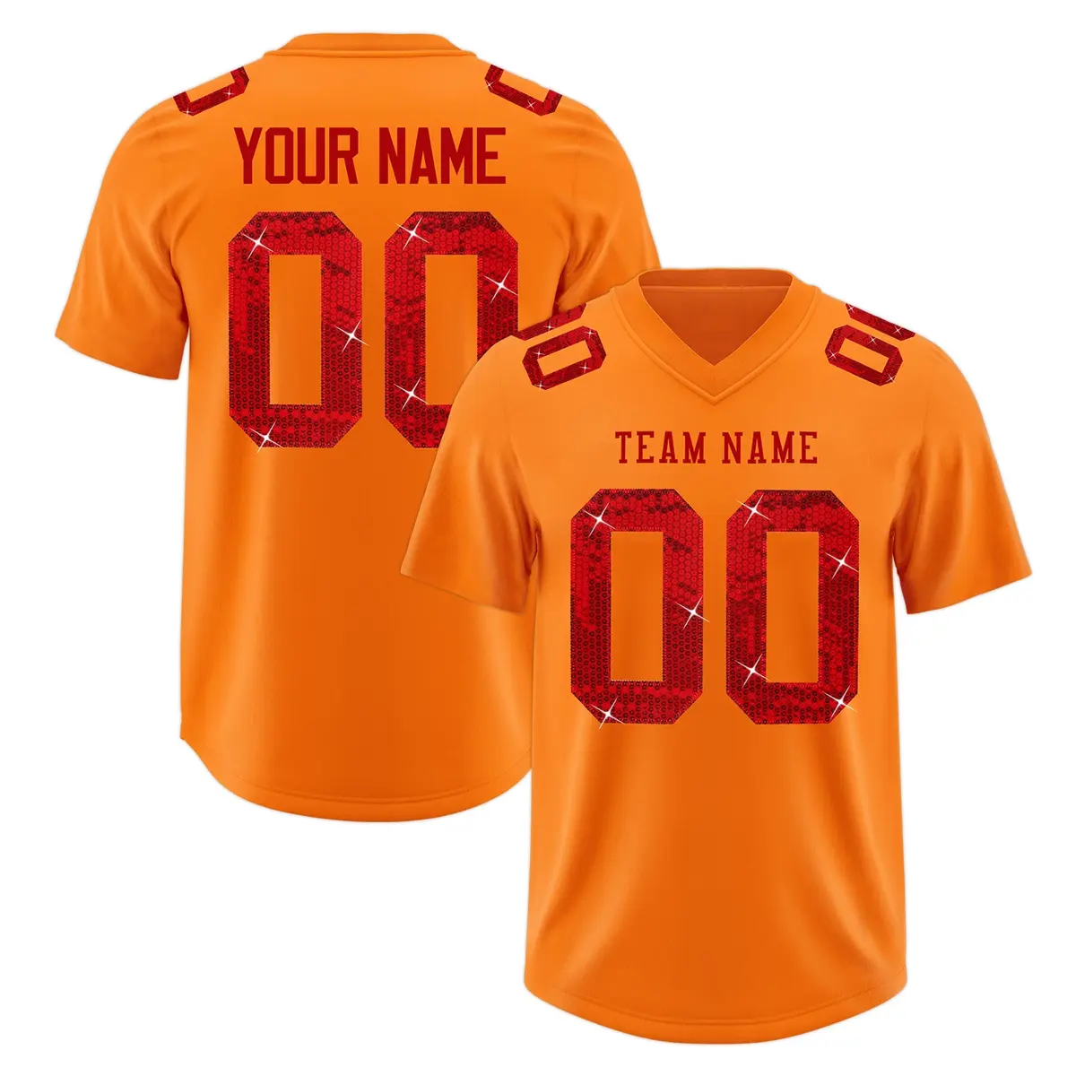 Orange Red Sequin Lettering Breathable Football Jersey