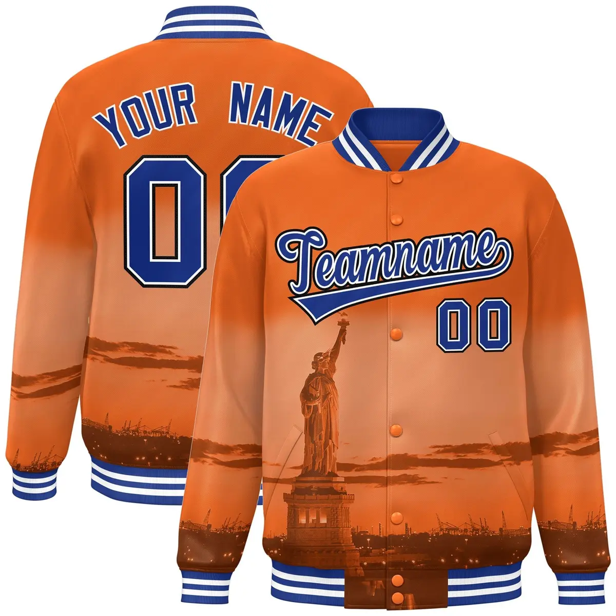 Orange Royal-Black New York City Skyline Varsity Full-Snap Jacket