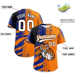 Orange Royal Blue Black Full-Snap Tiger Graffiti Baseball Jersey 2