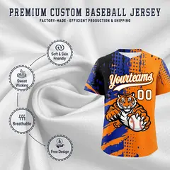 Orange Royal Blue Black Full-Snap Tiger Graffiti Baseball Jersey 3