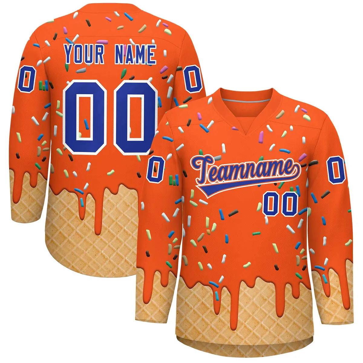 Orange Royal Blue Ice Cream Pattern V-Neck Hockey Jersey